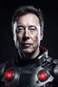 Placeholder: Portrait of Elon musk, scary cyborg face, metal plate checks and forehead, one red eye