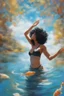 Placeholder: Abstract image of a beautiful woman with curly black hair floating in a river, looking up to the sky, arms stretched out, looking greatful, clear blue sky's, bright colours, 8k, super realistic, crystal clear waters