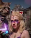 Placeholder: Ultra realistic afternoon photo, happy dope couple, blonde Alice woman and purple cat smoking a pipe, circus blue dress style, black headband with bow, old school body tattoo, smoke, marihuana garden, glow eyes, perfect iris, soft color, highly detailed, unreal engine 5, ray tracing, RTX, lumen lighting, ultra detail, volumetric lighting, high definition.