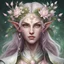 Placeholder: Generate a dungeons and dragons character portrait of the face of a female spring Eladrin. She is a circle of the Stars Druid, Twilight Cleric. Her hair is off-white to pink and voluminous. Her skin is very pale. Her eyes are green. She wears a dainty circlet made of silver coated branches with pink, white, and yellow flowers.