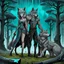 Placeholder: digital art from the side a tall dark gray body hair anthropomorphic man wolf with pale gray body hair anthropomorphic female wolf carry together in their paws a short heavy iron blacksmith's anvil take in a blue-green meadow, in the background dark trees with huge trunks, rainy day, high contrast, high detail, atmospheric, dark fantasy, sci-fi atmosphere, cinematic