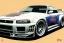 Placeholder: a true-to-life Nissan Skyline GT-R R34, classic wheels, twin-color finishing, centered, intricate, extreme detailed, photorealism, center view, stylized random background, pivot on nissan, pen and color marker painting by cheryl kelley