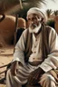 Placeholder: Old man, Arab, turban, white clothes, cattle, desert, council, sun, palm trees, mud houses, holding a stick, looking forward, a very slight smile.,Sitting on a chair,long beard