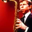 Placeholder: Closed REd-haired Ron howard Is richie from happy days playing his saxophone with his "closed-eyed", rock band, embouchure, joanie cunningham