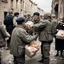 Placeholder: handing out food in war torn Europe from military to starving children