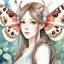 Placeholder: A close-up headshot of a woman with long brown hair, red eyes, fuzzy moth antennae, and Japanese Silk Moth moth wings on her back, watercolor, intricately detailed, high definition, 4k, anime, forest background