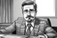 Placeholder: Man sitting at desk, portrait, speech, nametag, glasses, goatee, mustache, suit; comic style, caricature, sketch art; black and white; grayscale, pencil drawing