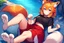 Placeholder: Girl, fox ears, one big fox tail, orange hair, red skirt, river, fox foot ,lies on the shore, purple fox eyes, black T-shirt, wet, happy, fox paws foot, fox legs, fur legs