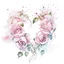 Placeholder: Two connected hearts entwined with pink and white roses. White background.Watercolor.