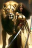 Placeholder: An Arab warrior, a full-body female, whose hair is not visible from the dress, holding a sword, standing next to a powerful lion