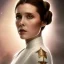 Placeholder: stunning half-body portrait photo of princess leia from Star Wars, hazel iris, wlop, artgerm, akihiko yoshida, and liang xing, detailed face, doe eyes, intricate braided hair style, symmetrical eyes, trending on artstation, highly detailed, white dress, dynamic pose, intricate outfit, space ship and galaxy background