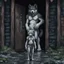 Placeholder: fantasy digital art of crying young female anthro wolf in gray hairy wolf body and wears just a short canvas rag around her waist , sadly crying face stands in the rain front the door, behind her an tall anthro dark hairy wolf man standing behind in rustic halb open door in an massive wooden house, deep colors, rainy day, detailed, anthropomorphic creatures, fantasy, sci-fi mood