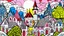 Placeholder: A pink village with a castle in the sunlight designed in German folk art painted by Roy Lichtenstein