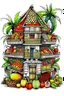 Placeholder: a black outline art, a house made from woven fruit baskets, with each room featuring a different type of magical fruit, angle full view, no cut parts, clear line art, white background, no shadows, no tones color, no detailed artwork, clear and well outlined.