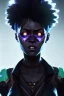 Placeholder: portrait,beautiful black woman, glowing eyes, afro hair, post-apocalyptic in a cyberpunk city, realistic, intriacte detail, sci-fi fantasy style, volumetric lighting, particales,highly detailed,cinamatic, deep colours,8k