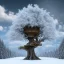 Placeholder: A giant tree in december with a giant treehouse in it. Much snow