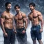 Placeholder: Hyper realistic shirtless muscular shahid kapoor & Mark Wahlberg at snowfall night