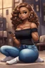 Placeholder: Create a urban culture art of a black chibi curvy female sitting on the floor looking at her cell phone. She is wearing tight blue jeans and a black off the shoulder blouse. Prominent make up with lush lashes. Highly detailed wavy ombre blonde and brown long hair. She is also wearing silver large hoop earrings