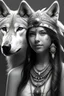 Placeholder: grey and white only beautiful indian girl with wolf, hyper realistic style, 3d