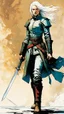 Placeholder: create an imaginative full body print illustration of an ethereal, otherworldly , pale female grandmaster Witcher with short flaxen hair wearing a tattered battle worn padded gambeson and boots , in the comic book art style of Bill Sienkiewicz, Mike Mignola, and Jean Giraud Moebius, with highly detailed feminine facial features , finely drawn, colored and inked,