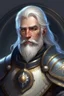 Placeholder: Please create an image for a 30-year old half-aasimar male with silver hair and a silver beard and blue eyes. He is a cleric of Selune, whose symbol should be placed on the cleric's shield, if visible in the image. The cleric should be wearing either medium or heavy armor, and carrying a warhammer or a mace and a shield