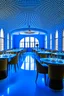 Placeholder: A restaurant with the outer shape of the walls in blue and a white floor. It contains one table in the middle of the restaurant, and the walls are oval in shape, containing 30 chairs.