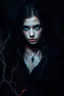 Placeholder: Dark powered young adult female with black hair and dark blue eyes with souls and dark black magic walking in the dark