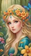 Placeholder: Step into the magical forest and meet the enchanting fairy girl with her shimmering golden hair and a crown of beautiful flowers on her head in the fairy tale world. Masterpiece, best quality, colorful, vibrant colors, fairy tale, whimsical, children's illustration, Anime, watercolor, oil painting, by Jeremiah Ketner, high detailed, high quality, 4k