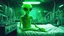 Placeholder: [glitched acid trip] one smiling green soft extra terrestrial alien with long fingers in his experiment lab in the 60ties, in front of a large bed, tubes and cables and liquids everywhere,