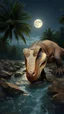 Placeholder: Close-up photo from the front straight. A T Rex drinking from a winding rocky river below and two large coconut trees on the left and right zoom distance from the front. Even the gothic day the moonlight shines. Bright lighting.