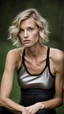 Placeholder: photography of a beautiful anorexic woman, silver satin top, sports illustrated, blond short wavy bob haircut, pronounced sternum, short leggins