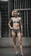 Placeholder: beautiful anorexic woman, total shot, short grey metallic triathlon swimsuit, short blond wavy bob hair, blurred concrete background