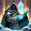 Placeholder: fantasy 90's tcg art hooded figure man with ice powers holding out hand