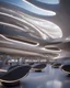 Placeholder: Zaha Hadid style international airport, outside perspective, unreal engine 5, concept art, art station, ray tracing, RTX, ultra detail, volumetric lighting, 3d