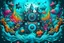 Placeholder: underwater ultra detailed 3d graffitti style music festival poster with massive speakers and people dancing with sea creatures