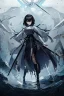 Placeholder: Anime girl with short black hair and sharp green eyes, holding a pike, full body black and white metal plate armour, full body shot, Dramatic lighting,1woman, soaked in blood, standing pose, sword at the waist, close shot, lean body,