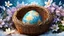 Placeholder: winter, Easter egg with cross design, in basket, basket in flower bedb diffuse lighting, fantasy, complex highly detailed drawing, realistic, photorealistic digital drawing, complex background