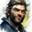 Placeholder: dnd, fantasy, watercolour, large strokes, stylistic, dull colors, portrait, illustration, male, face, weathered face, sly, violent, evil, smiling, vigorous, rogue, criminal