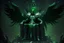 Placeholder: armadura negra y verde de hombre con alas de ángel sentada en un enorme trono en medio de la noche