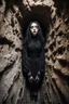 Placeholder: Closeup tall Girl goth with big eyes, crushed for walls, inside claustrophobic, ragged clothes, fullbody, the perspective looking up from the bottom of an empty well , 8k,macro photography,