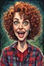 Placeholder: a cartoon illustration of a schizophrenic curly, short haired vampire girl in a plaid flannel shirt, in the cartoon style of Lynda Barry , Ernie Pook's Comeek, vibrant natural colors, , museum quality masterpiece