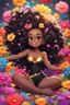 Placeholder: A sassy thick-lined expressionism cartoon black chibi girl lounging lazily on her side, surrounded by colorful flower petals. She has a golden lion tail curling playfully behind her curvy body. Looking up coyly, she grins widely, showing teeth. Her poofy hair forms a mane framing her confident, regal expression.