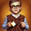 Placeholder: Peter Billingsley chubby kid Tortoise-shell glasses, holding A ((dark red soap bar)) in his hand, brown argyle sweater