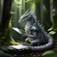 Placeholder: A humanoid dragon with grey scales in the middle of taking notes in a magical forest