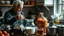 Placeholder: Elderly pensioners making wine. Demijohns, fruit, yeast, sugar, equipment, all in a domestic pensioner's kitchen. Photographic quality and detail, award-winning image, beautiful composition.