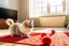 Placeholder: cute fluffy chibi beige cat playing with a giant plush red covid virus in a modern hall on a carpet in sunshine