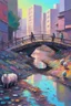 Placeholder: painting of a cyberpunk colourful natural walkway rubbish on the street in the city with pollution and a small bridge by a creek with electric sheep and androids by monet