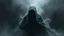 Placeholder: In a mesmerizing and ethereal manner, an otherworldly being emerges in the form of a translucent grey hood ghost. flowing smoky black robes. Forward facing