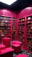 Placeholder: A dark pink library with arcane magic painted by Jean Dubuffet