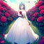 Placeholder: gorgeous anime girl wearing a yellow and white dress ,standing in a meadow of flowers, spreading rose pedals on the ground. beautiful eyes and a stunning smile, blue eyes, two blue eyes, perfect nose and rosy cheeks and red lips